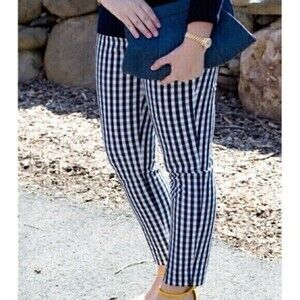 J. Crew Martie Pants Womens Sz 0 White Blue Gingham Checkered Print Tapered Leg
